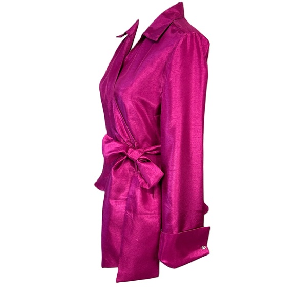 Womens Long Sleeve Wrap Top Size L Tie Bow Satin Metallic Pink Formal Elegant - Picture 3 of 12